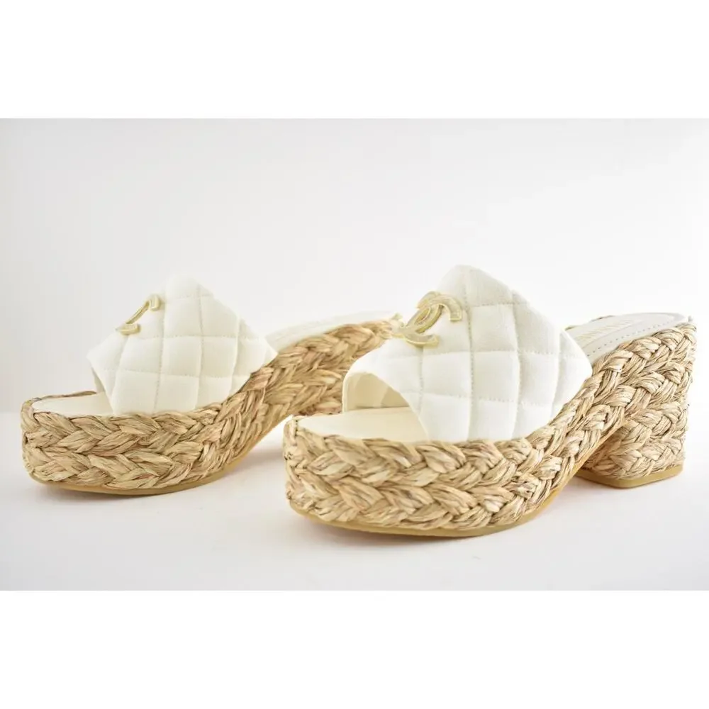 Chanel 25C White Cotton CC Logo Platform Wedge Slide Block Heel Mule Sandal 40